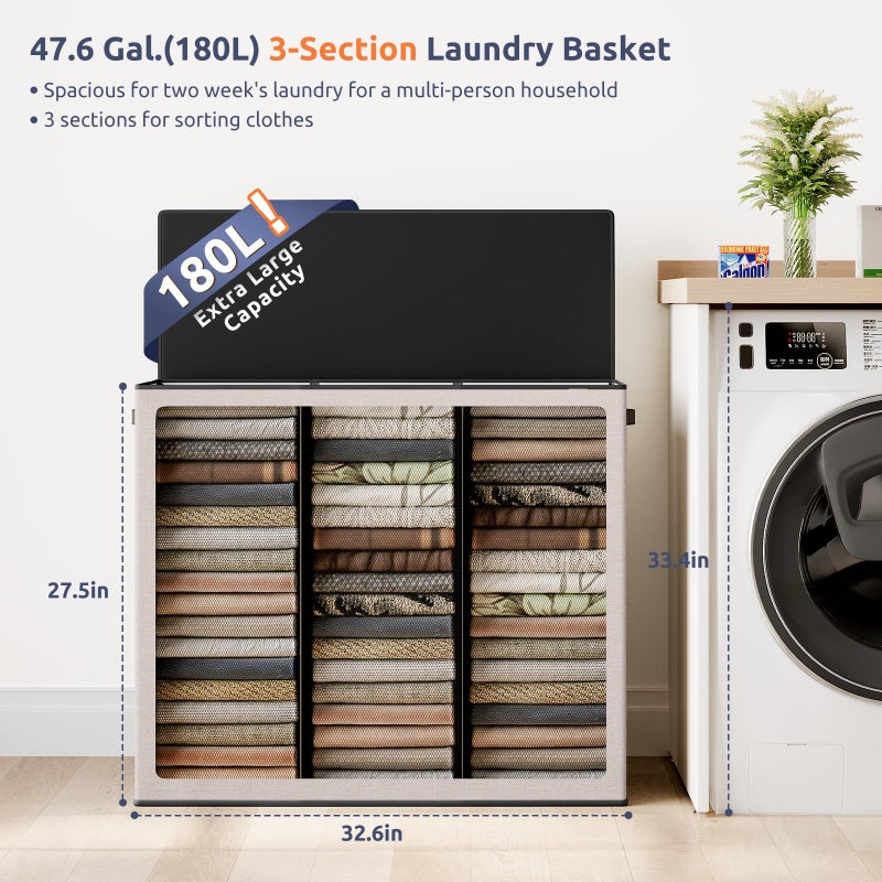 SOLEDI 180L 3-Section Laundry Hamper with Lid, Extra Large Dirty Clothes Basket with Sturdy Handles for Laundry Room & Bedroom - Durable Organizer for Sorting Laundry - Image 2