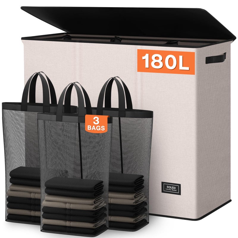 SOLEDI 180L 3-Section Laundry Hamper with Lid, Extra Large Dirty Clothes Basket with Sturdy Handles for Laundry Room & Bedroom - Durable Organizer for Sorting Laundry - Image 1