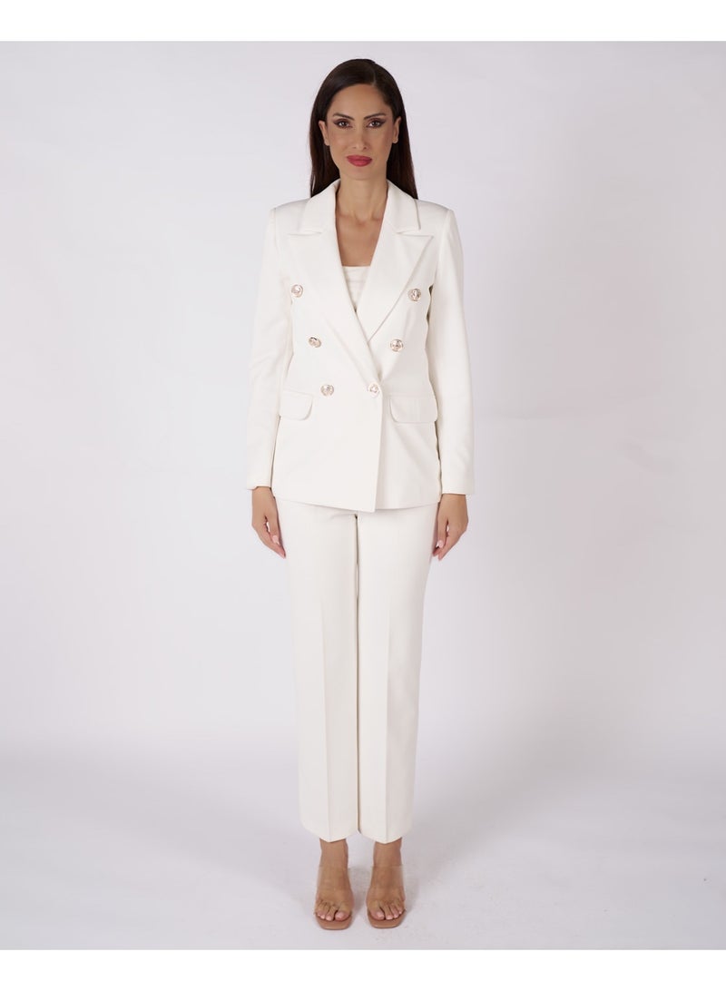 Formal Off White Fitted Double- Breasted Blazer and Pant Suit  - Image 3