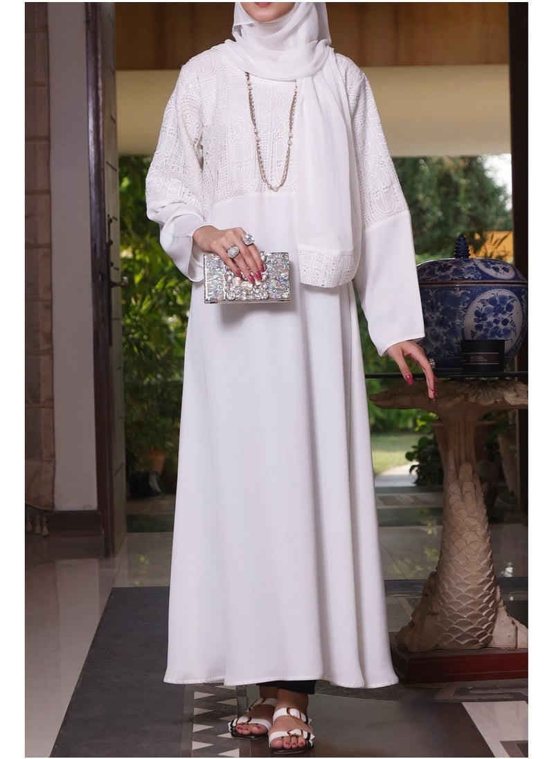 ZOUQ - Front Open Style Abaya Nada Fabric White and Purple Color Embroidery on Sleeves and Front Sheila is Included - Image 1