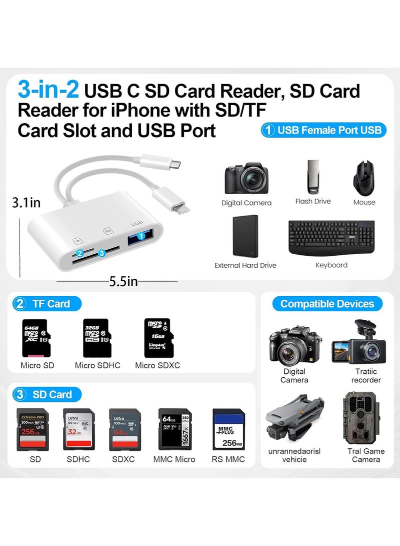 قارئ بطاقات SD USB C 3 في 1، محول بطاقة SD لأجهزة iPhone، قارئ بطاقات الكاميرا Lightning، محول بطاقة ذاكرة SD/TF، التوصيل والتشغيل، قارئ بطاقات SD لأجهزة iPhone، أجهزة الكمبيوتر المحمولة، الأجهزة اللوحية، Huawei، Xiaomi - Image 2