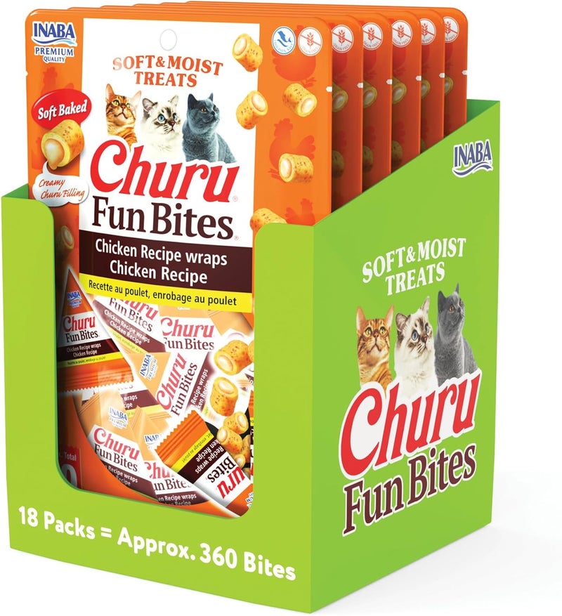 INABA Churu Fun Bites for Cats, Soft & Chewy Cat Treats with Taurine, 0.42 Ounces Each Tetra, 18 Tetras (3 per Bag), Chicken Recipe - Image 1