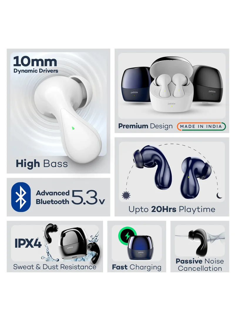 Pebble Wave Buds High Bass Clear Sound Quality, Passive Noise Cancellation, 10mm Dynamic Drivers, Premium Design, Up to 20Hrs Play time, IPX4, Fast Charging Smart watch