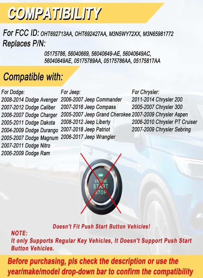 Vurkcy Key Fob fits for 04-09 Dodge Durango/ 05-11 Dakota/ 06-09 Ram/ 08-14 Avenger/ 07-12 Caliber Nitro/ 06-17 Wrangler/ 07-16 Compass Patriot/ 2006-2010 Chrysler PT Cruiser/ 07-09 Aspen Sebring,2Pcs - Image 2