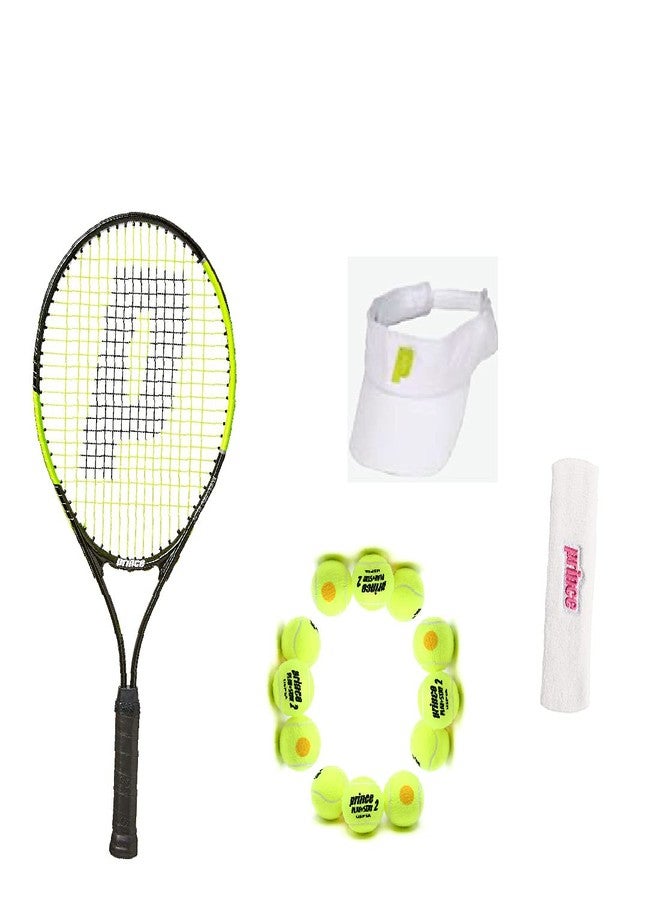 برنس مضرب تنس برينس ثاندر 26، وكرة تنس برينس ستيج 2 برتقالية قياسية (12 كرة) مع واقي للعين أبيض وأصفر وعصابة رأس وردية وبيضاء - Image 2