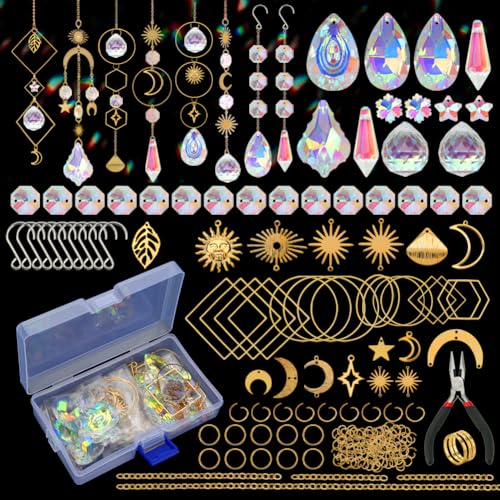 HYBEADS 200 pcs DIY Sun Catchers Making Kits Craft for Adults Crystal Suncatchers Supplies Stained Glass Window Hanging Prism Indoor Outdoor Garden Xmas Decor with Rainbow Maker Pendants Chains - Image 1