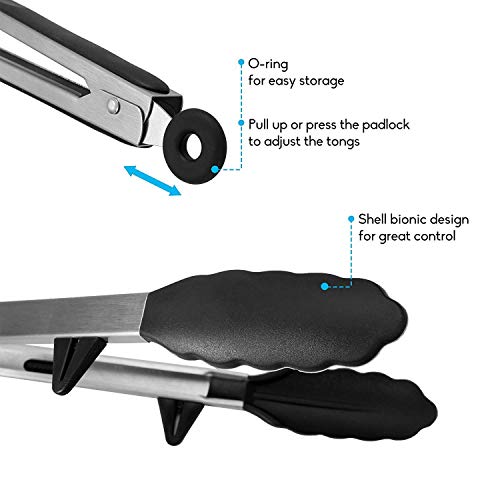 Baskety Heavy-Duty Non-Stick Stainless Steel Silicone Kitchen Tongs (Black, 9 Inches) - Image 3