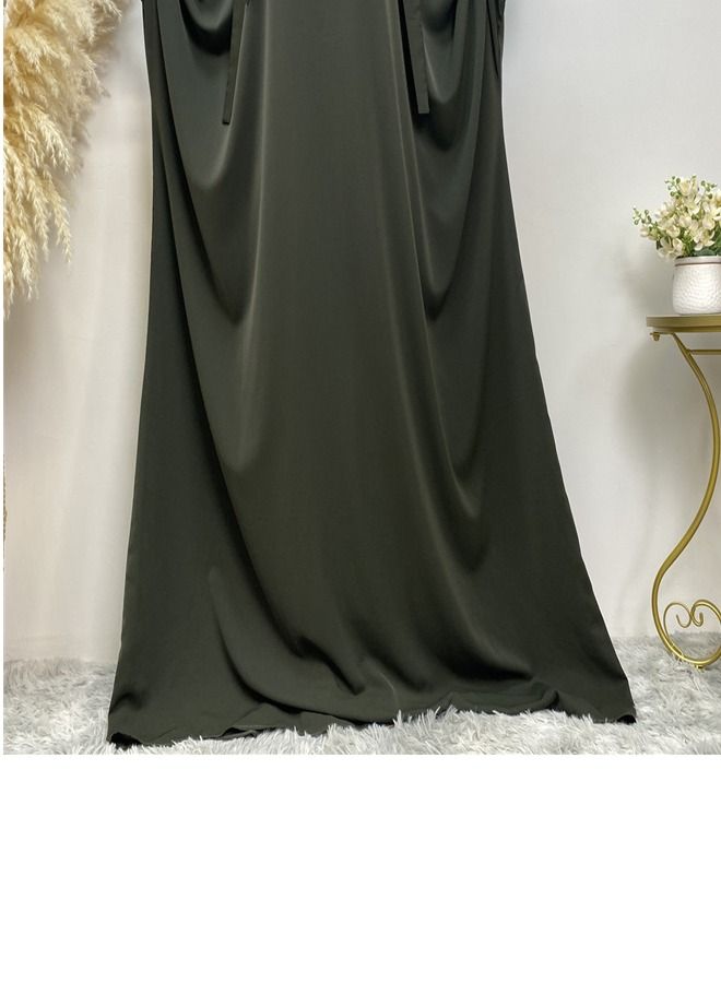 Loquat Simple Loose Solid Color Dress Abaya Army Green  - Image 2