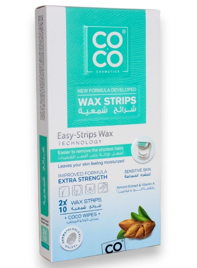 COCO Wax Strips for Hair Removal for All Skin Types & Sensitive Skin with Almond Oil Extract & Vitamin A, New Improved Formula Extra Strength 20 Strips Pack Including Post-Wax Oil Wipes, Easy-Strips Technology to Remove Shortest Hairs from Roots, Long Lasting Smoothness up to 28 Days, Safe for Full Body Underarms Legs and Arms, 100% Natural Ingredients Chemical-Free & Anti-Irritation Treatment. - Image 2