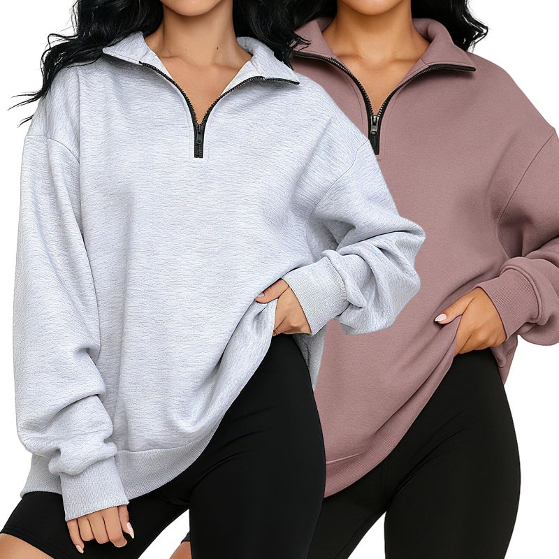 Chicingyou 2 Pack Quarter Zip Pullover Women Fleece Half Zip Oversized Sweatshirts Long Sleeve Shirts Fall Clothes(Taupe,Gray,M) - Image 1