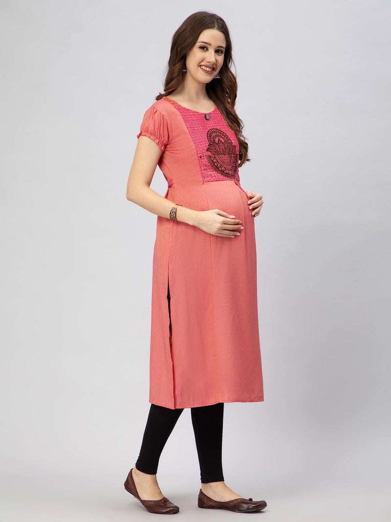 CEE 18 Women's Cotton Rayon Straight Maternity Feeding Kurti for Feeding with Zippers(9653_44,Peppy Pink,2XL) - Image 3