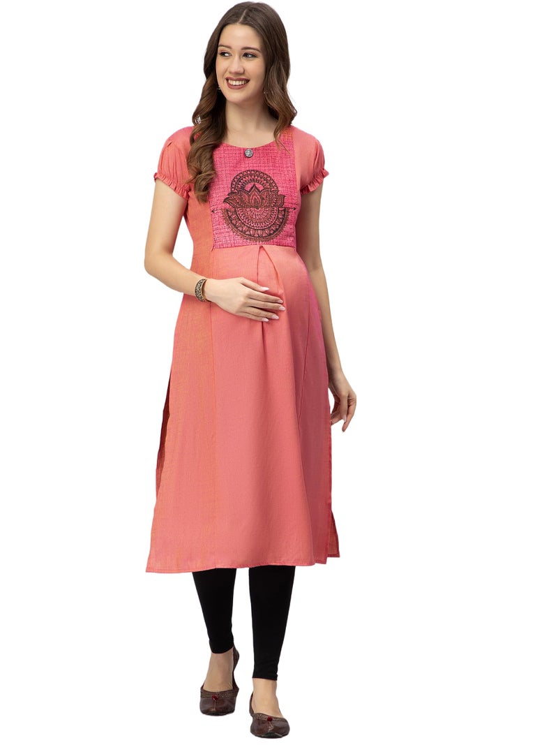 CEE 18 Women's Cotton Rayon Straight Maternity Feeding Kurti for Feeding with Zippers(9653_44,Peppy Pink,2XL) - Image 1