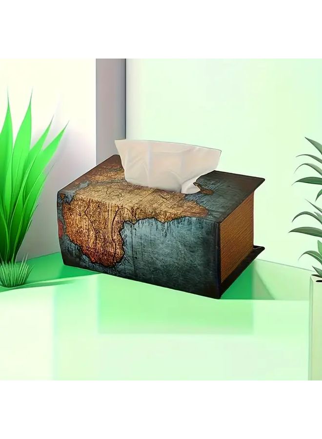 Vintage World Map Tissue Box Holder Green Wooden Finish Decorative Dispenser - Image 2