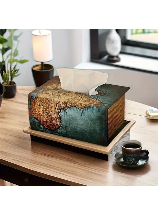 Vintage World Map Tissue Box Holder Green Wooden Finish Decorative Dispenser - Image 3