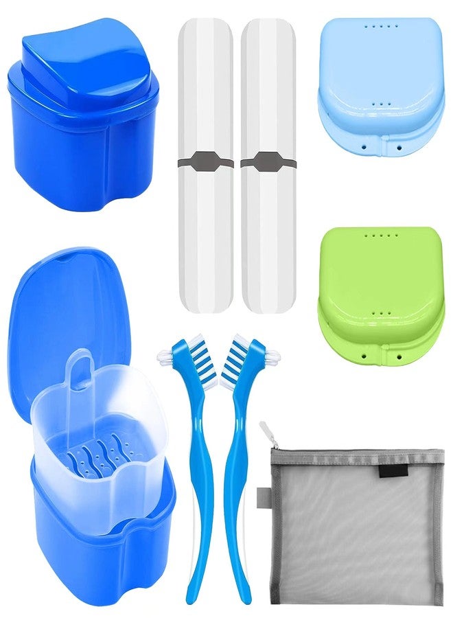 Reliable1st 11 Pcs Denture Case Kit, 2 Retainer Holder Boxes with Drainage Design, 2 Denture Bath Case Cups, 2 Dual Headed Denture Toothbrushes, 2 Portable Toothbrush Cases and Mesh Bag (Blue - Image 1