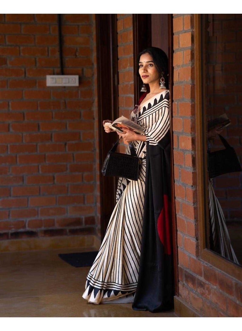Modal silk line printed Saree with running blouse | Beige colour saree in modal silk - Image 4