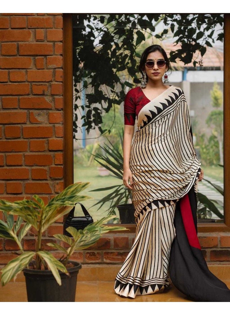 Modal silk line printed Saree with running blouse | Beige colour saree in modal silk - Image 1