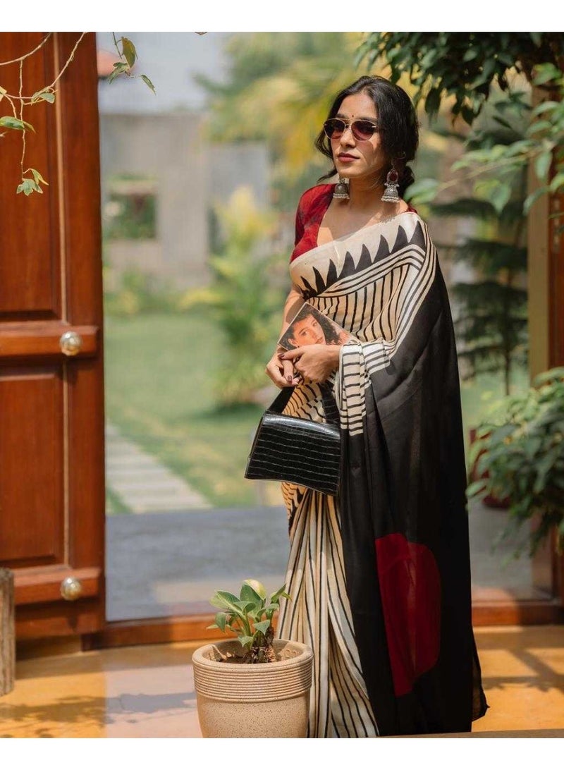 Modal silk line printed Saree with running blouse | Beige colour saree in modal silk - Image 2
