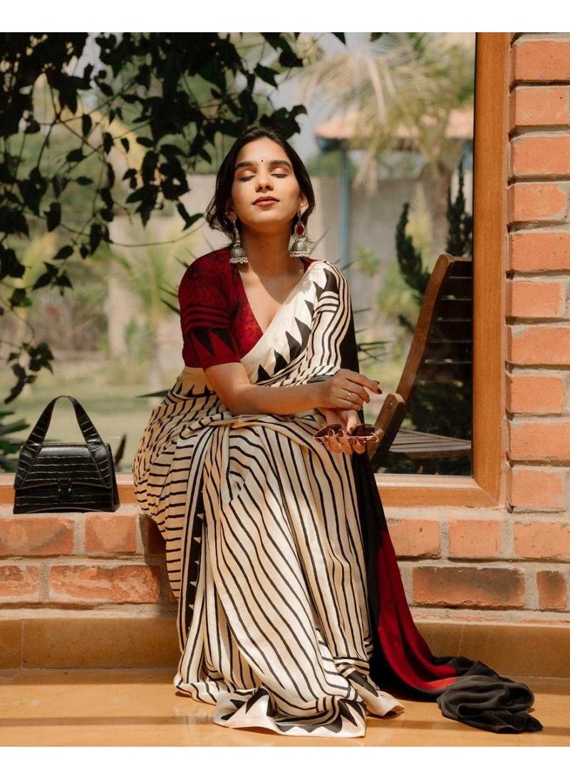 Modal silk line printed Saree with running blouse | Beige colour saree in modal silk - Image 3