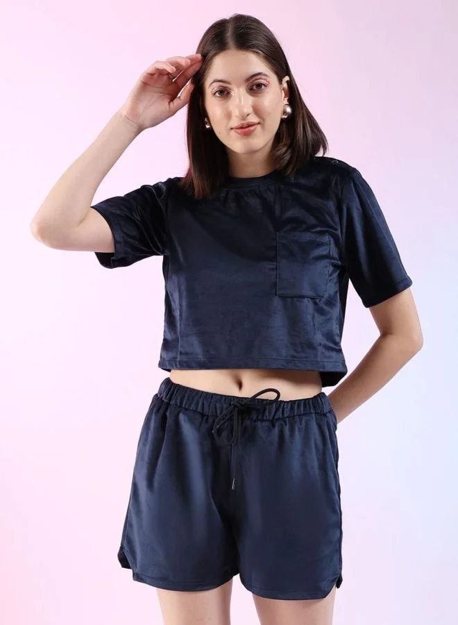 Women Regular Fit Solid Short Sleeve Mid Rise Round Neck Top With Shorts Lounge Set