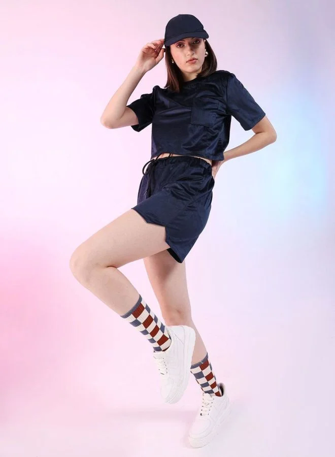 Freehand  Women Regular Fit Solid Short Sleeve Mid Rise Round Neck Top With Shorts Lounge Set  | Best Price UAE