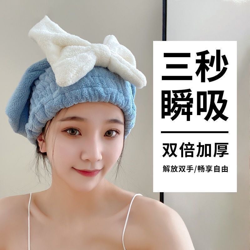Generic Thick Absorbent Quick-Dry Hair Towel Cap with Cute Bow Big bow sapphire blue [larger and thicker] 