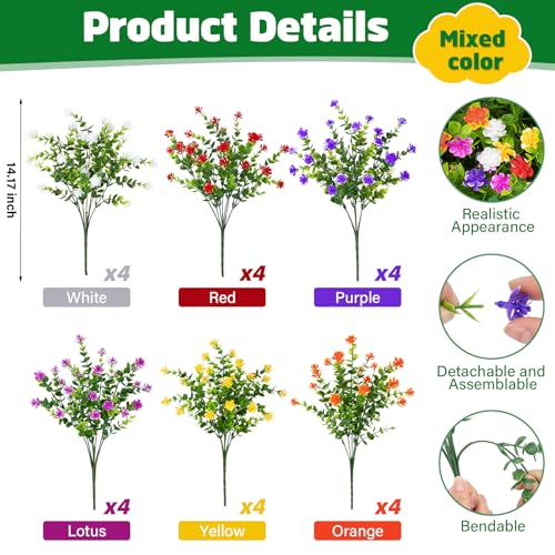 Besteek 24 Bundles Artificial Flowers for Outdoors Faux Plastic Flowers UV Resistant Fake Greenery Shrubs Plants for Outside Spring Summer Porch Window Garden Planter Home Decor Mixed Color - Image 3