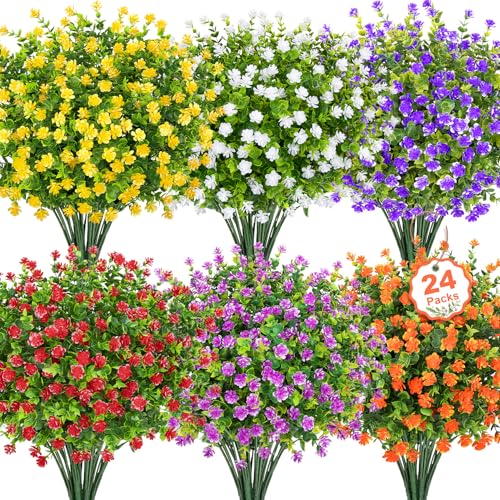 Besteek 24 Bundles Artificial Flowers for Outdoors Faux Plastic Flowers UV Resistant Fake Greenery Shrubs Plants for Outside Spring Summer Porch Window Garden Planter Home Decor Mixed Color - Image 1