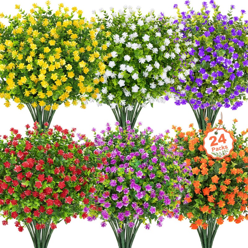 Besteek 24 Bundles Artificial Flowers for Outdoors Faux Plastic Flowers UV Resistant Fake Greenery Shrubs Plants for Outside Spring Summer Porch Window Garden Planter Home Decor Mixed Color - Image 2