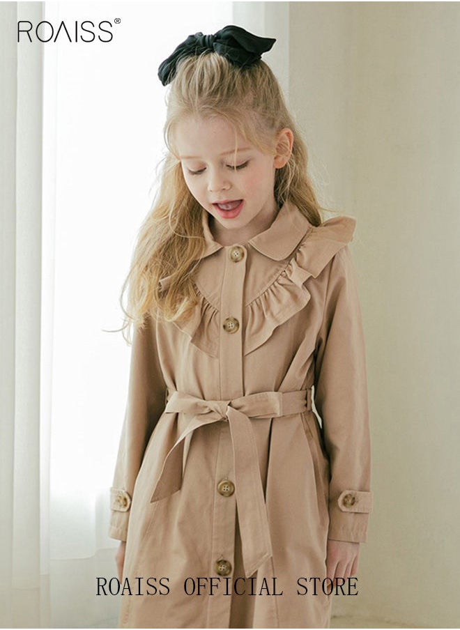 roaiss - Girls Long Trench Coat Baby Sweet Ruffles Belt Beige Cotton Windbreaker Spring Fall Kids Outfit - Image 1