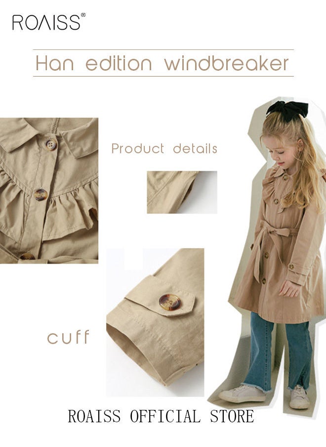 roaiss - Girls Long Trench Coat Baby Sweet Ruffles Belt Beige Cotton Windbreaker Spring Fall Kids Outfit - Image 1