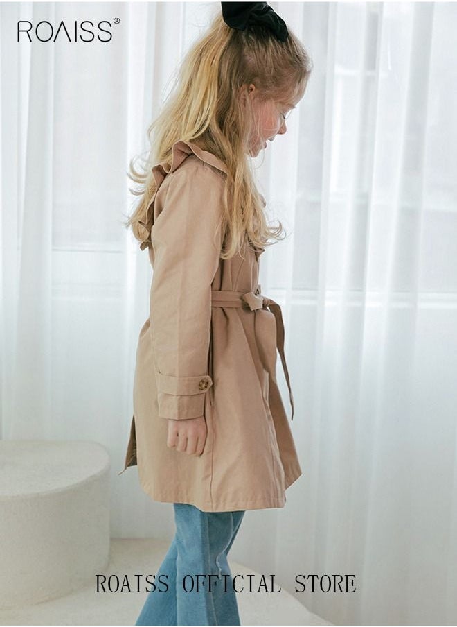 roaiss - Girls Long Trench Coat Baby Sweet Ruffles Belt Beige Cotton Windbreaker Spring Fall Kids Outfit - Image 1
