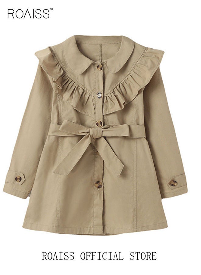 roaiss - Girls Long Trench Coat Baby Sweet Ruffles Belt Beige Cotton Windbreaker Spring Fall Kids Outfit - Image 1