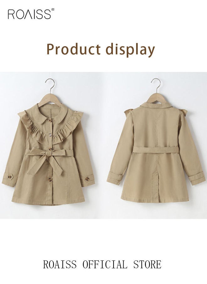 roaiss - Girls Long Trench Coat Baby Sweet Ruffles Belt Beige Cotton Windbreaker Spring Fall Kids Outfit - Image 1