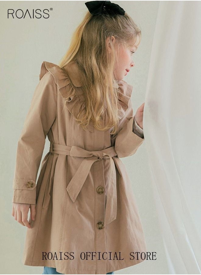 roaiss - Girls Long Trench Coat Baby Sweet Ruffles Belt Beige Cotton Windbreaker Spring Fall Kids Outfit - Image 1
