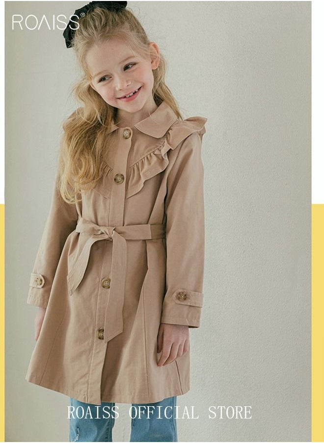 roaiss - Girls Long Trench Coat Baby Sweet Ruffles Belt Beige Cotton Windbreaker Spring Fall Kids Outfit - Image 1