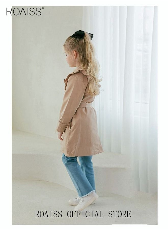 roaiss - Girls Long Trench Coat Baby Sweet Ruffles Belt Beige Cotton Windbreaker Spring Fall Kids Outfit - Image 1