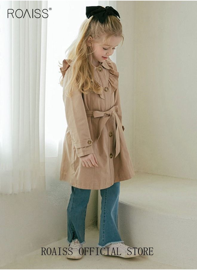 roaiss - Girls Long Trench Coat Baby Sweet Ruffles Belt Beige Cotton Windbreaker Spring Fall Kids Outfit - Image 1