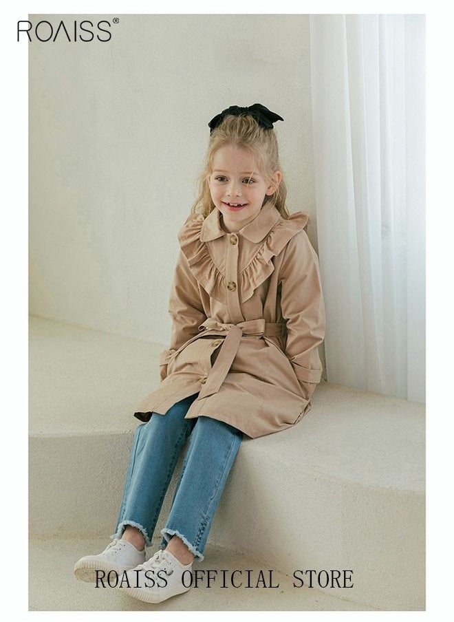 roaiss - Girls Long Trench Coat Baby Sweet Ruffles Belt Beige Cotton Windbreaker Spring Fall Kids Outfit - Image 1