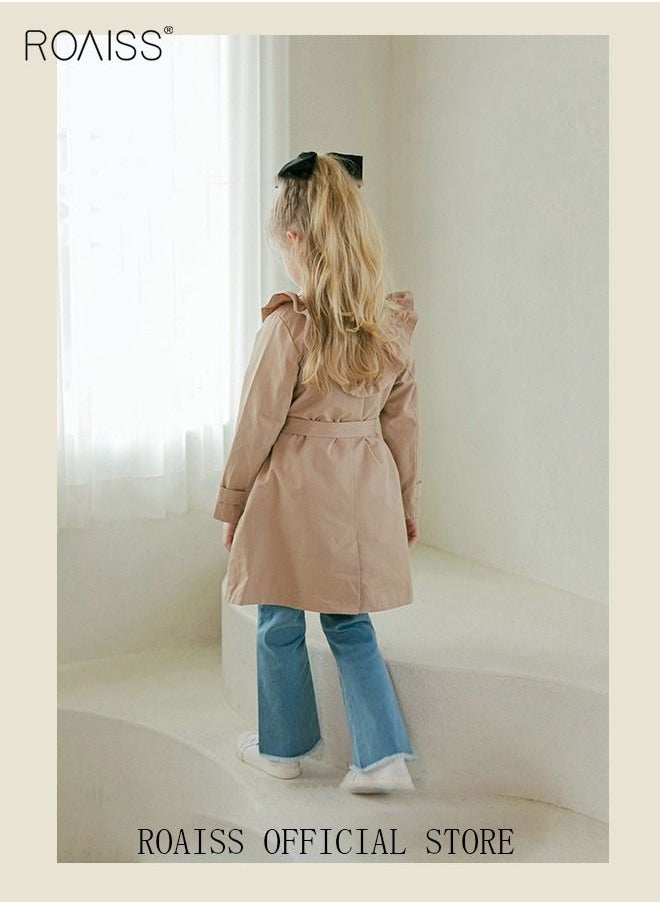 roaiss - Girls Long Trench Coat Baby Sweet Ruffles Belt Beige Cotton Windbreaker Spring Fall Kids Outfit - Image 1