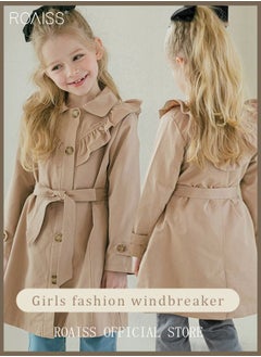 Girls Long Trench Coat Baby Sweet Ruffles Belt Beige Cotton Windbreaker Spring Fall Kids Outfit