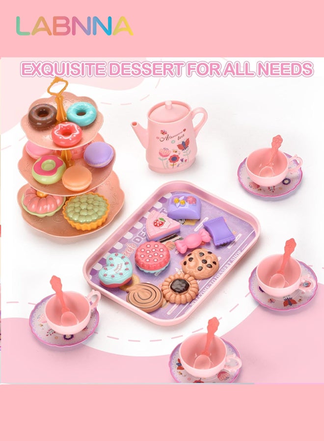 LABNNA Kids Plastic Tea Party Set for Toddlers Girls Ages 3+, Princess Pretend Play Kitchen Toy with Carrying Case, Teapot, Cups, Saucers, Dessert Toys Tray Gift Kids Kitchen Pretend Toy for Little Girls Birthday - Image 4