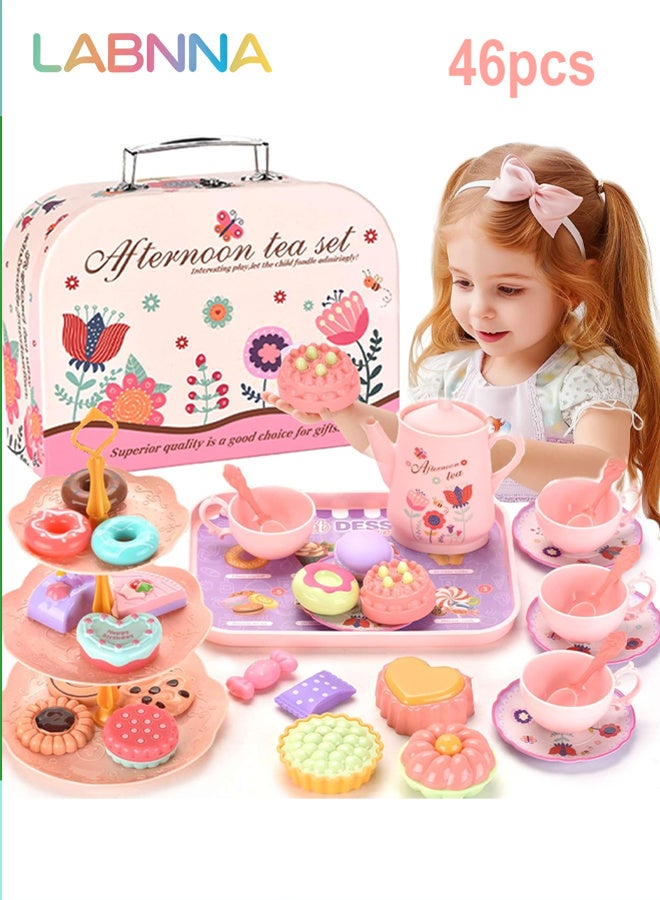 LABNNA Kids Plastic Tea Party Set for Toddlers Girls Ages 3+, Princess Pretend Play Kitchen Toy with Carrying Case, Teapot, Cups, Saucers, Dessert Toys Tray Gift Kids Kitchen Pretend Toy for Little Girls Birthday - Image 1