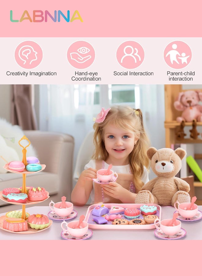 LABNNA Kids Plastic Tea Party Set for Toddlers Girls Ages 3+, Princess Pretend Play Kitchen Toy with Carrying Case, Teapot, Cups, Saucers, Dessert Toys Tray Gift Kids Kitchen Pretend Toy for Little Girls Birthday - Image 2