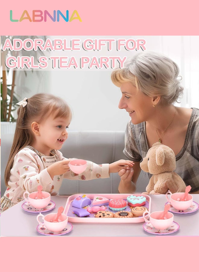 LABNNA Kids Plastic Tea Party Set for Toddlers Girls Ages 3+, Princess Pretend Play Kitchen Toy with Carrying Case, Teapot, Cups, Saucers, Dessert Toys Tray Gift Kids Kitchen Pretend Toy for Little Girls Birthday - Image 5