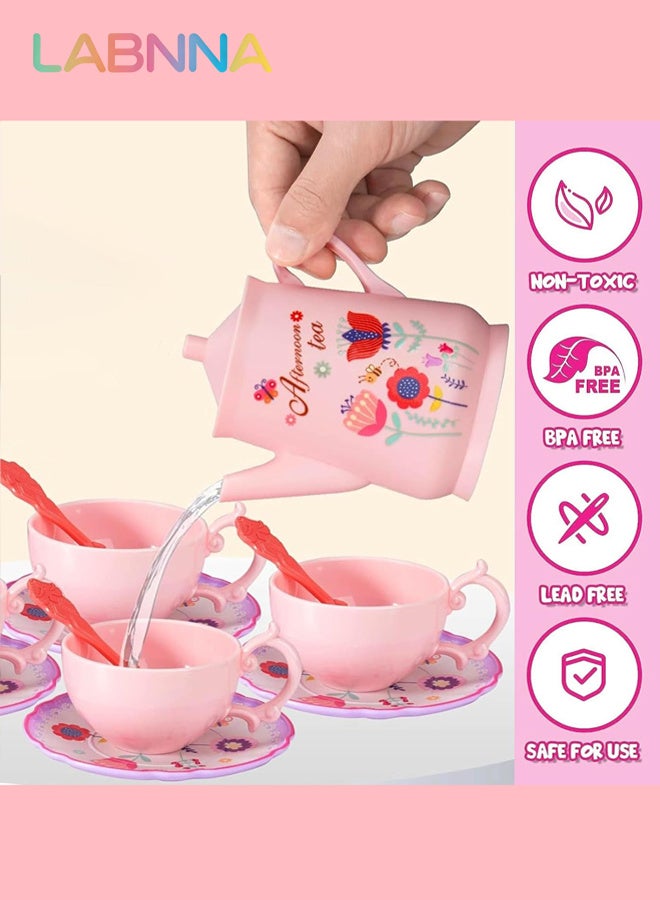 LABNNA Kids Plastic Tea Party Set for Toddlers Girls Ages 3+, Princess Pretend Play Kitchen Toy with Carrying Case, Teapot, Cups, Saucers, Dessert Toys Tray Gift Kids Kitchen Pretend Toy for Little Girls Birthday - Image 3