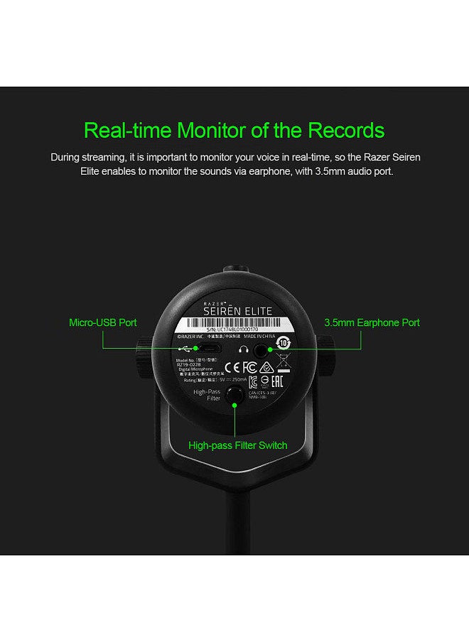 RAZER - Seiren Elite Microphone Single Dynamic Capsule Built-In High-Pass Filter Digital/Analog Limiter Cardioid Pickup Pattern USB Plug and Play with Microphone Windscreen - Image 1