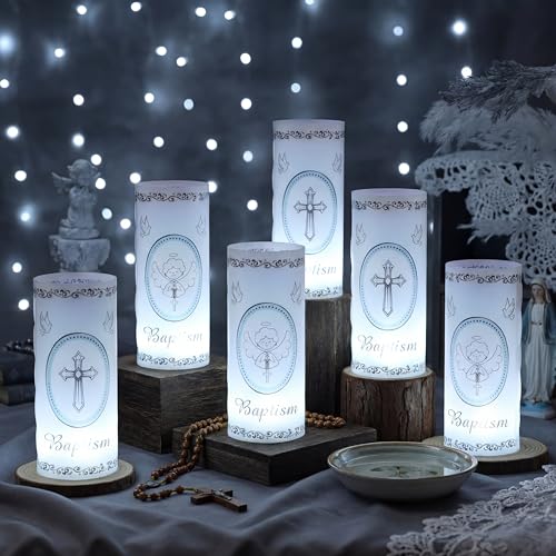 VIHOSE 20 Pcs 10 Sets Baptism Centerpieces for Table Baptism Lantern Tea Light Holders with LED Candles Angel Cross Table Lantern for Easter First Communion God Bless Baby Shower Party Decor - Image 1