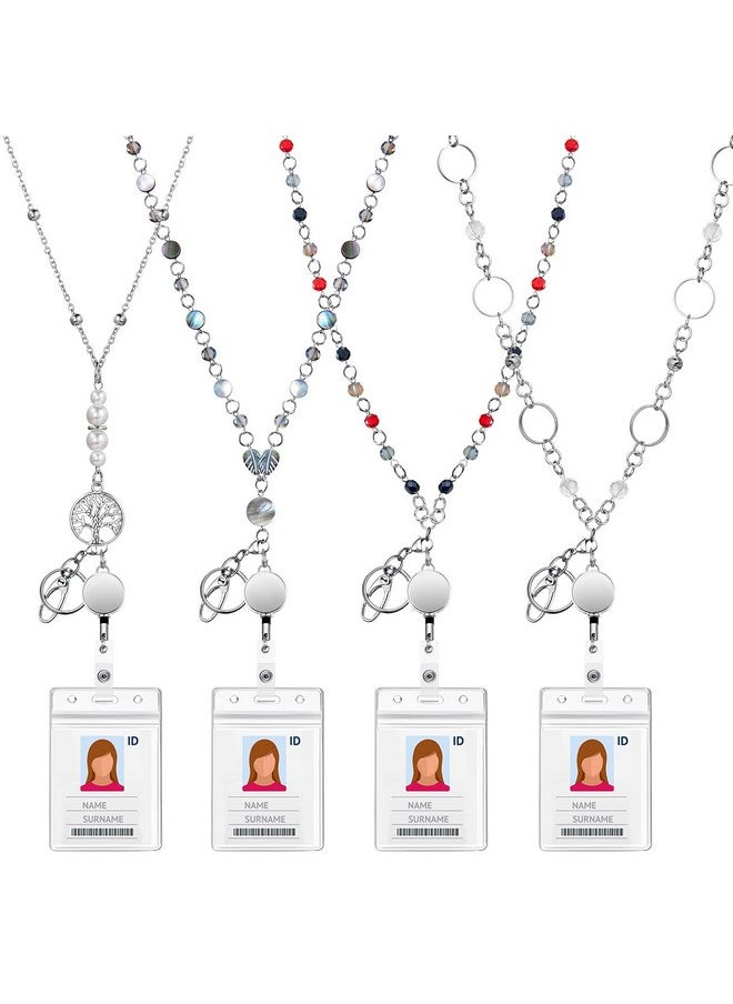 Pangda Pangda 4 Sets Badge Necklaces with ID Holders Beaded ID Necklaces Retractable Lanyards for Women Stainless Steel Badge Lanyards,Multicolor,Medium  - Image 1