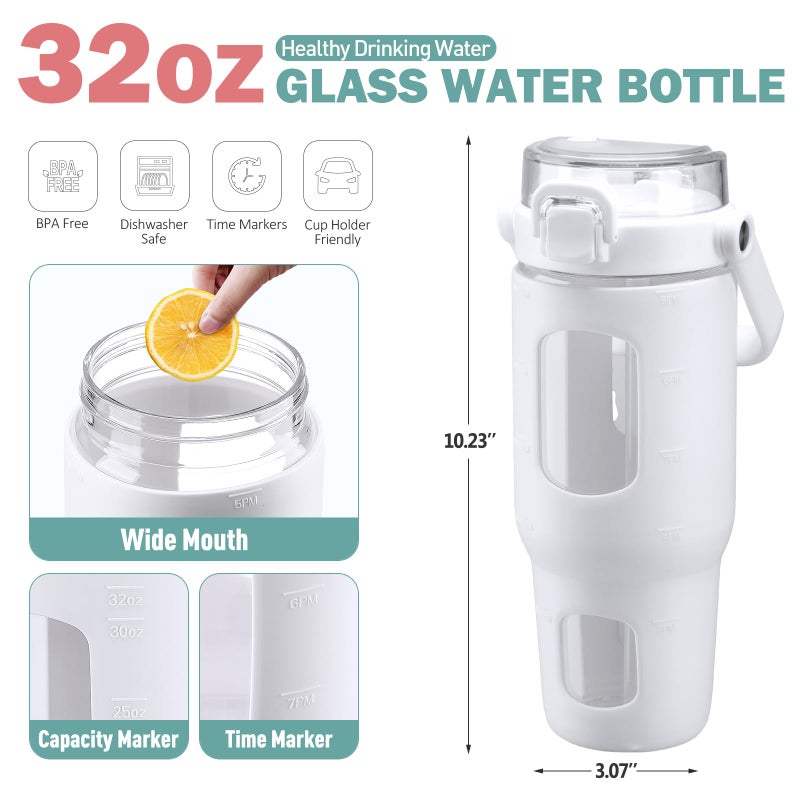 BLUEGO 32oz Glass Water Bottles with Straw Time Marker Half Gallon Large Motivational Water Bottle with Silicone Sleeve 2 Liter Large Glass Water Jug for Gym, Sports& Workout, Daily, White - Image 5